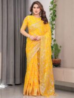 Sunshine Yellow Fendi Satin Block & Foil Print Saree with Attached Blouse & Tassel Detailing