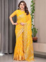 Sunshine Yellow Fendi Satin Block & Foil Print Saree with Attached Blouse & Tassel Detailing - Image 6