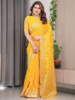Sunshine Yellow Fendi Satin Block & Foil Print Saree with Attached Blouse & Tassel Detailing - Image 8