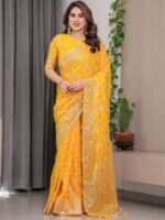 Sunshine Yellow Fendi Satin Block & Foil Print Saree with Attached Blouse & Tassel Detailing - Image 10