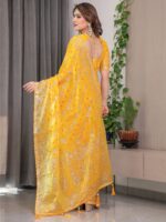 Sunshine Yellow Fendi Satin Block & Foil Print Saree with Attached Blouse & Tassel Detailing - Image 4