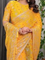 Sunshine Yellow Fendi Satin Block & Foil Print Saree with Attached Blouse & Tassel Detailing - Image 2