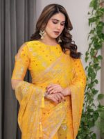 Sunshine Yellow Fendi Satin Block & Foil Print Saree with Attached Blouse & Tassel Detailing - Image 7