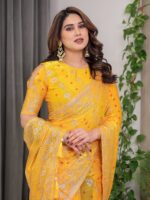 Sunshine Yellow Fendi Satin Block & Foil Print Saree with Attached Blouse & Tassel Detailing - Image 5