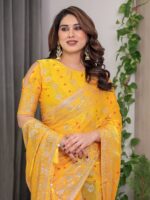 Sunshine Yellow Fendi Satin Block & Foil Print Saree with Attached Blouse & Tassel Detailing - Image 11