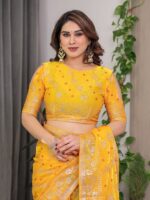 Sunshine Yellow Fendi Satin Block & Foil Print Saree with Attached Blouse & Tassel Detailing - Image 3