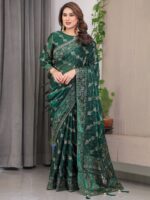 Emerald Green Fendi Satin Block & Foil Print Saree with Attached Blouse & Tassel Finish - Image 6