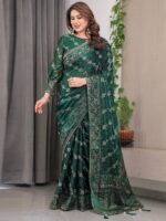 Emerald Green Fendi Satin Block & Foil Print Saree with Attached Blouse & Tassel Finish - Image 8