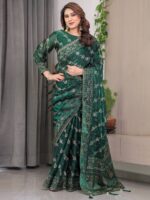 Emerald Green Fendi Satin Block & Foil Print Saree with Attached Blouse & Tassel Finish - Image 10