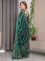 Emerald Green Fendi Satin Block & Foil Print Saree with Attached Blouse & Tassel Finish - Image 3