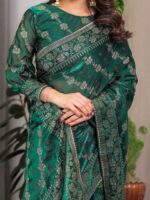 Emerald Green Fendi Satin Block & Foil Print Saree with Attached Blouse & Tassel Finish - Image 2