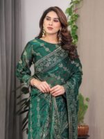 Emerald Green Fendi Satin Block & Foil Print Saree with Attached Blouse & Tassel Finish - Image 7