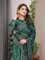 Emerald Green Fendi Satin Block & Foil Print Saree with Attached Blouse & Tassel Finish - Image 5