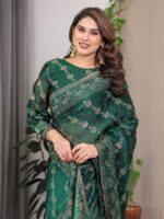 Emerald Green Fendi Satin Block & Foil Print Saree with Attached Blouse & Tassel Finish - Image 9