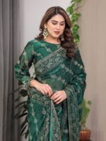 Emerald Green Fendi Satin Block & Foil Print Saree with Attached Blouse & Tassel Finish - Image 11