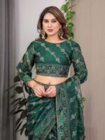 Emerald Green Fendi Satin Block & Foil Print Saree with Attached Blouse & Tassel Finish - Image 4