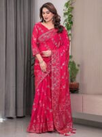 Rose Pink Fendi Satin Block & Foil Print Saree with Attached Blouse & Tassel Detailing - Image 6
