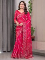 Rose Pink Fendi Satin Block & Foil Print Saree with Attached Blouse & Tassel Detailing - Image 8