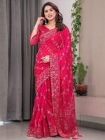 Rose Pink Fendi Satin Block & Foil Print Saree with Attached Blouse & Tassel Detailing - Image 10