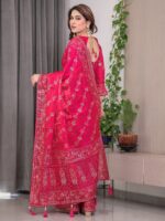 Rose Pink Fendi Satin Block & Foil Print Saree with Attached Blouse & Tassel Detailing - Image 4