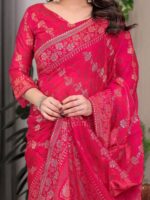 Rose Pink Fendi Satin Block & Foil Print Saree with Attached Blouse & Tassel Detailing - Image 2