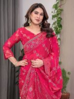 Rose Pink Fendi Satin Block & Foil Print Saree with Attached Blouse & Tassel Detailing - Image 7