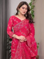 Rose Pink Fendi Satin Block & Foil Print Saree with Attached Blouse & Tassel Detailing - Image 11
