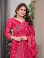Rose Pink Fendi Satin Block & Foil Print Saree with Attached Blouse & Tassel Detailing - Image 9