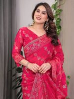 Rose Pink Fendi Satin Block & Foil Print Saree with Attached Blouse & Tassel Detailing - Image 5