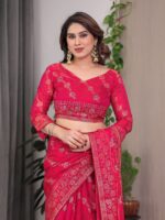 Rose Pink Fendi Satin Block & Foil Print Saree with Attached Blouse & Tassel Detailing - Image 3