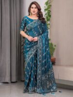 Teal Blue Fendi Satin Block & Foil Print Saree with Floral Motifs, Attached Blouse & Tassel Finish