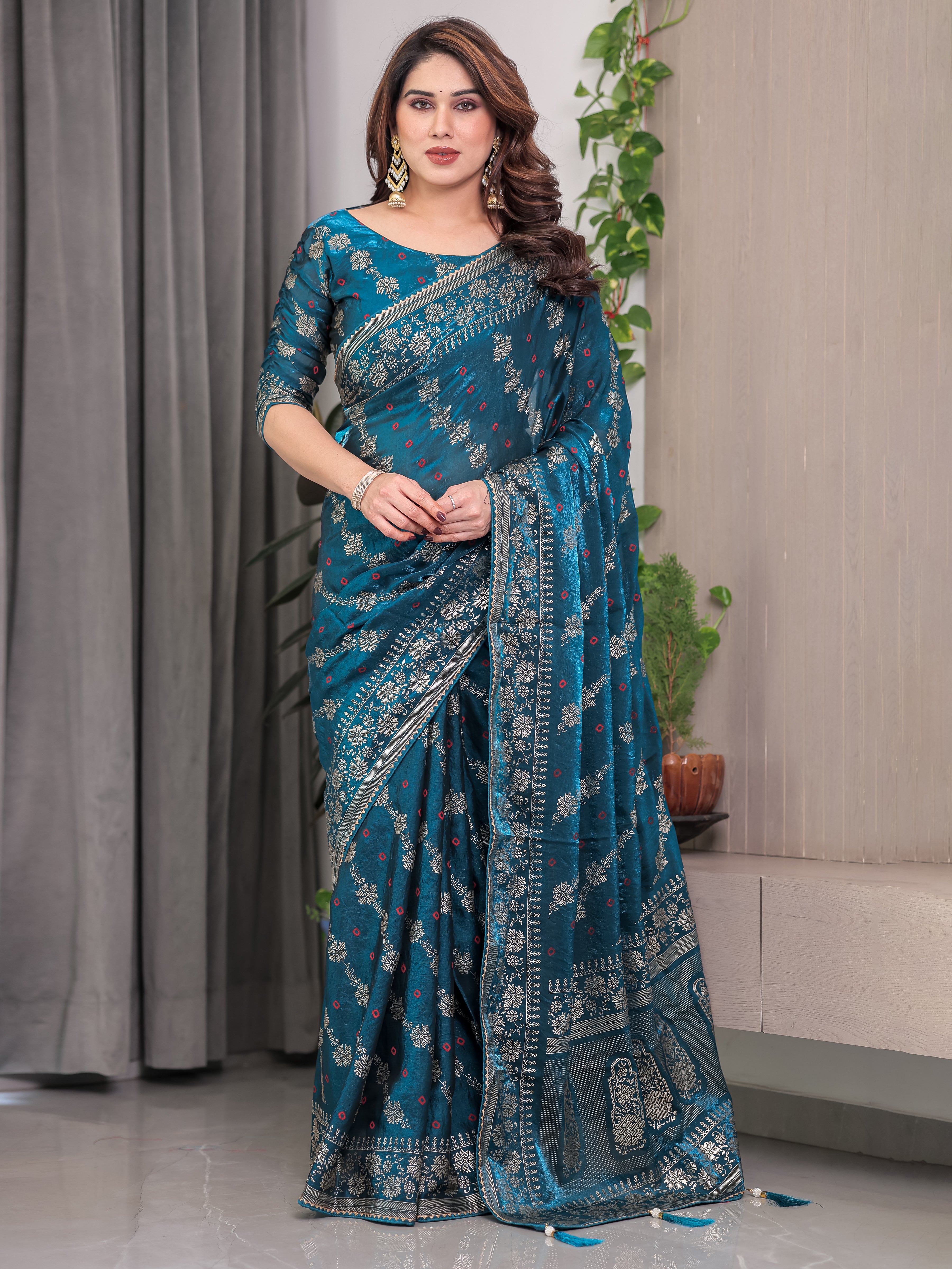 NRJ_6214 Teal Blue Fendi Satin Block & Foil Print Saree with Floral Motifs, Attached Blouse & Tassel Finish - Image 1