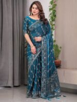 Teal Blue Fendi Satin Block & Foil Print Saree with Floral Motifs, Attached Blouse & Tassel Finish - Image 6