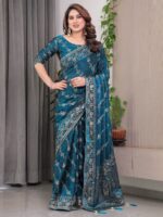 Teal Blue Fendi Satin Block & Foil Print Saree with Floral Motifs, Attached Blouse & Tassel Finish - Image 8