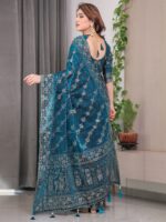 Teal Blue Fendi Satin Block & Foil Print Saree with Floral Motifs, Attached Blouse & Tassel Finish - Image 4