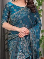 Teal Blue Fendi Satin Block & Foil Print Saree with Floral Motifs, Attached Blouse & Tassel Finish - Image 2