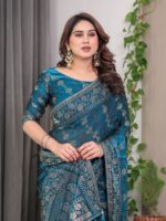 Teal Blue Fendi Satin Block & Foil Print Saree with Floral Motifs, Attached Blouse & Tassel Finish - Image 9