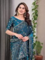 Teal Blue Fendi Satin Block & Foil Print Saree with Floral Motifs, Attached Blouse & Tassel Finish - Image 10