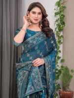 Teal Blue Fendi Satin Block & Foil Print Saree with Floral Motifs, Attached Blouse & Tassel Finish - Image 11