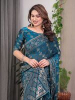 Teal Blue Fendi Satin Block & Foil Print Saree with Floral Motifs, Attached Blouse & Tassel Finish - Image 5
