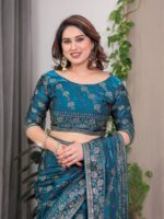 Teal Blue Fendi Satin Block & Foil Print Saree with Floral Motifs, Attached Blouse & Tassel Finish - Image 3