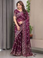 Plum Wine Fendi Satin Block & Foil Print Saree with Floral Motifs, Attached Blouse & Tassel Detailing - Image 6