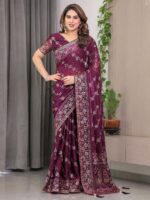 Plum Wine Fendi Satin Block & Foil Print Saree with Floral Motifs, Attached Blouse & Tassel Detailing - Image 10