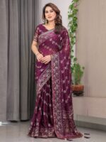 Plum Wine Fendi Satin Block & Foil Print Saree with Floral Motifs, Attached Blouse & Tassel Detailing - Image 8