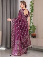 Plum Wine Fendi Satin Block & Foil Print Saree with Floral Motifs, Attached Blouse & Tassel Detailing - Image 4