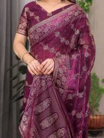 Plum Wine Fendi Satin Block & Foil Print Saree with Floral Motifs, Attached Blouse & Tassel Detailing - Image 2