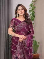 Plum Wine Fendi Satin Block & Foil Print Saree with Floral Motifs, Attached Blouse & Tassel Detailing - Image 5