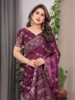 Plum Wine Fendi Satin Block & Foil Print Saree with Floral Motifs, Attached Blouse & Tassel Detailing - Image 7