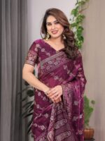 Plum Wine Fendi Satin Block & Foil Print Saree with Floral Motifs, Attached Blouse & Tassel Detailing - Image 9