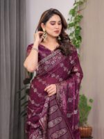 Plum Wine Fendi Satin Block & Foil Print Saree with Floral Motifs, Attached Blouse & Tassel Detailing - Image 11